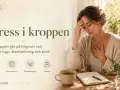 Kvinna med handen på tinningen och bröstet, visar fysiska tecken på farlig stress. Texten "Stress i kroppen" och ikoner för sömn, nervsystem, återhämtning och balans.