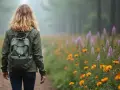 En kvinna med ryggsäck vandrar på en stig genom en blomsteräng. En symbol för livet efter utmattningssyndrom, där lugn och återhämtning blomstrar.