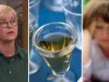 Kvinna med glas, en drink och en person med händerna mot huvudet. Kan symbolisera hur alkohol kan leda till depression.