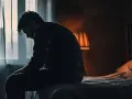 En man sitter på sängkanten, djupt försjunken i sina negativa tankar. Lampan lyser svagt i rummet.