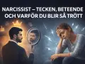 Man ser sig i spegeln, omgiven av symboler för beundran. Bredvid sitter en kvinna utmattad, omgiven av blixtar, ett tecken på narcissistiskt beteende.