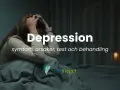 En person sitter hopkrupen i sängen, med händerna i håret. Texten "Depression" syns tydligt, och under den "symtom, orsaker, test och behandling". Ingen aptit kan vara ett tecken på depression.
