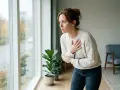 Kvinna med handen på bröstet, ser orolig ut. Hon kanske behöver **gad medicin** för sina besvär.