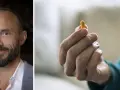 Man med skägg och en gul kapsel i handen. Kanske en illustration till vad betyder psykos.