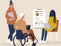 Tre personer vid ett möte. En i rullstol, en med laptop och en med en annan laptop. Känslan av psykisk misshandel på jobbet kan uppstå i sådana situationer.