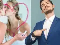 Kvinna kysser sin spegelbild i ett hjärta, man pekar på sig själv. Ett narcissist test.