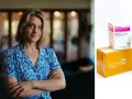 Kvinna med armarna i kors, bredvid mediciner som kan användas vid panikångest.