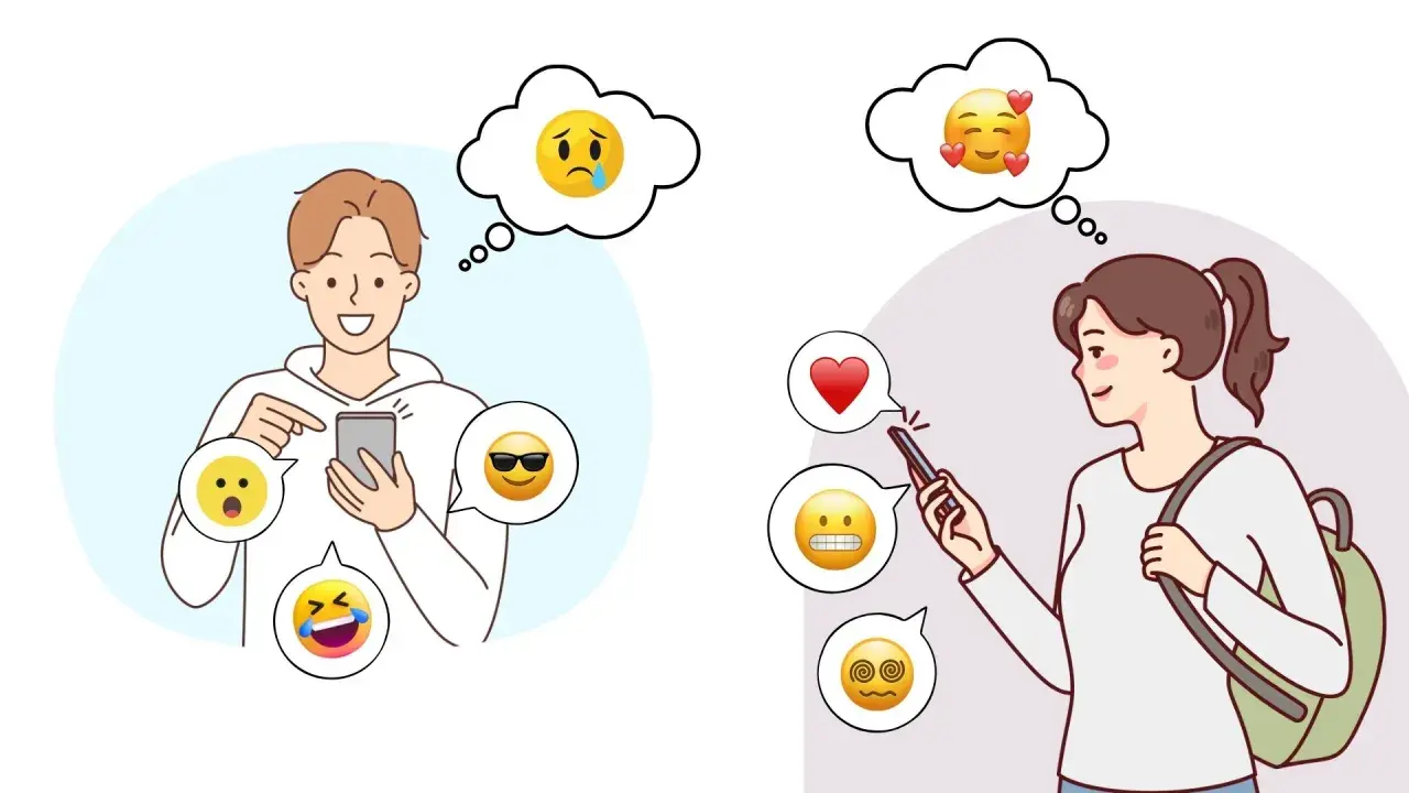 En kille och en tjej interagerar via sina mobiler, omgivna av emojis. Kanske en illustration av hur social fobi kan påverka kommunikationen.