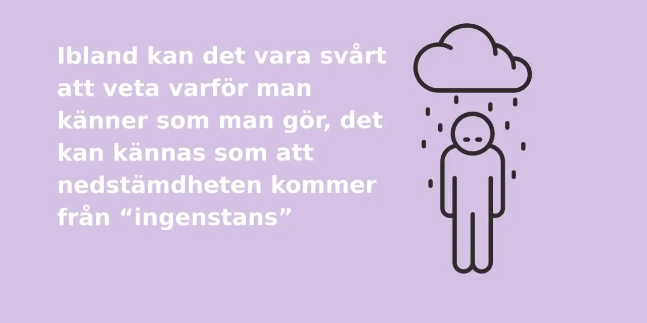 En person står under ett regnigt moln. Texten beskriver hur svårt det kan vara att förstå nedstämdhetens dystymi orsaker.