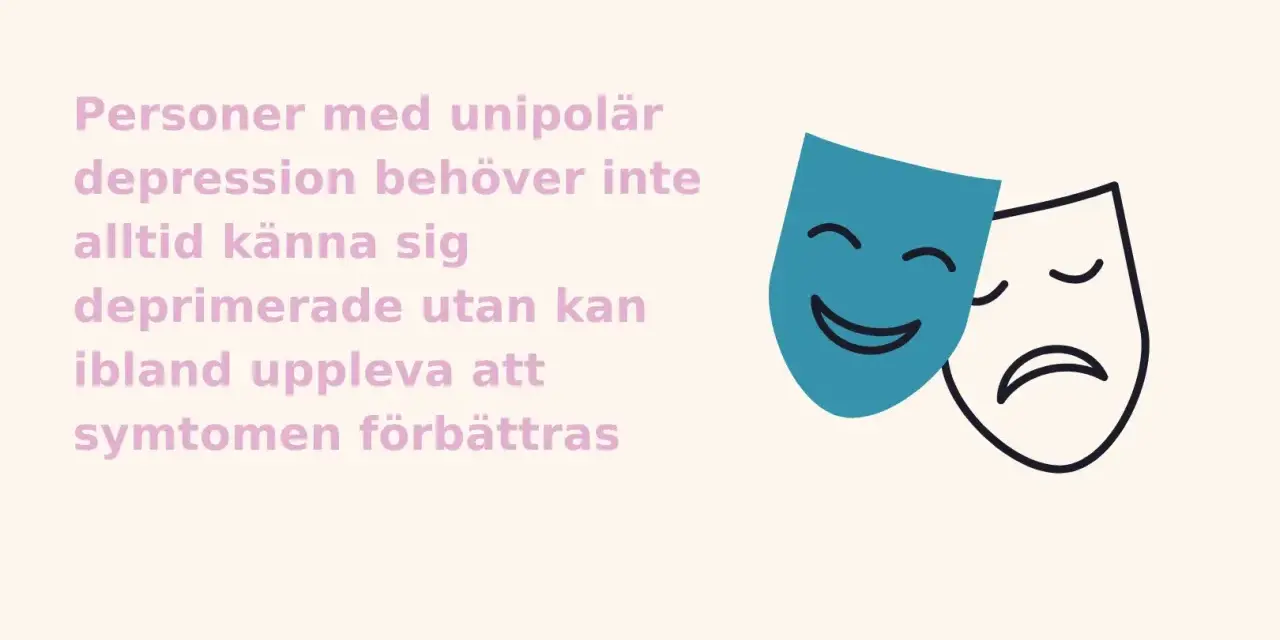 Två teatermasker, en glad och en ledsen, symboliserar att även om man kan känna sig deprimerad, så kan symtomen ibland förbättras.