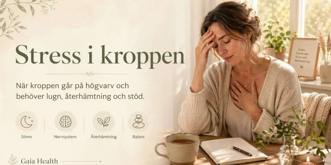 Kvinna med handen på tinningen och bröstet, visar fysiska tecken på farlig stress. Texten "Stress i kroppen" och ikoner för sömn, nervsystem, återhämtning och balans.