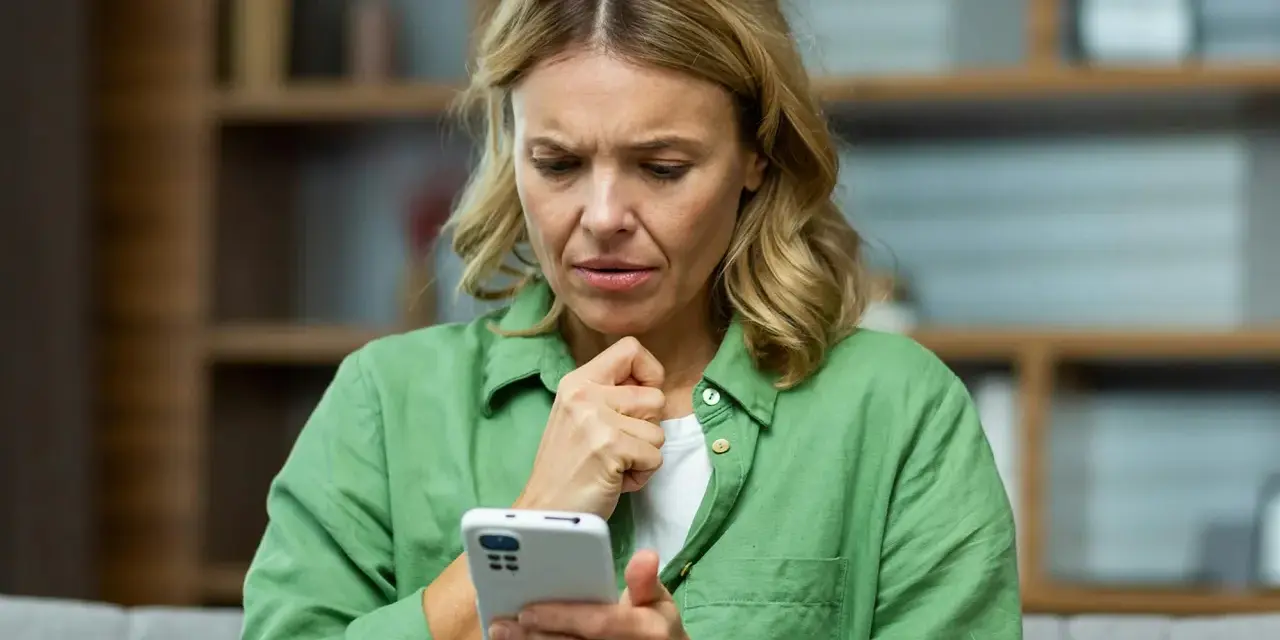 Kvinna med bekymrat ansikte tittar på sin mobiltelefon, en känsla av stark oro syns tydligt.