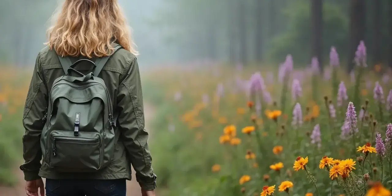 En kvinna med ryggsäck vandrar på en stig genom en blomsteräng. En symbol för livet efter utmattningssyndrom, där lugn och återhämtning blomstrar.