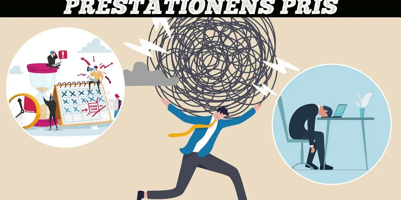 En man kämpar med en stor boll av trassel, symboliserande stress. Till vänster syns en kalender med deadlines och en timglas. Till höger en utmattad person vid en dator. Bilden illustrerar hur **social fobi jobb** kan leda till överväldigande press.