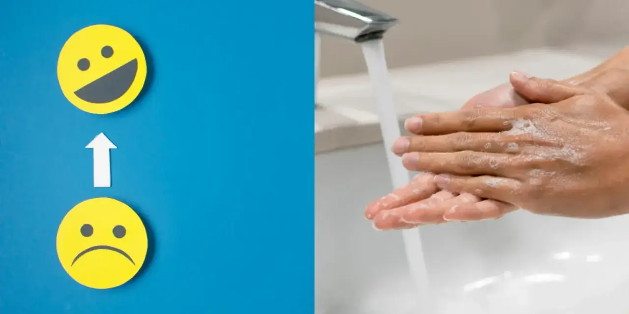 Två gula smiley-ansikten, ett ledsamt och ett glatt, med en pil emellan. Till höger tvättas händer med tvål under rinnande vatten. Kan symbolisera hur man hanterar intrusive thoughts svenska.