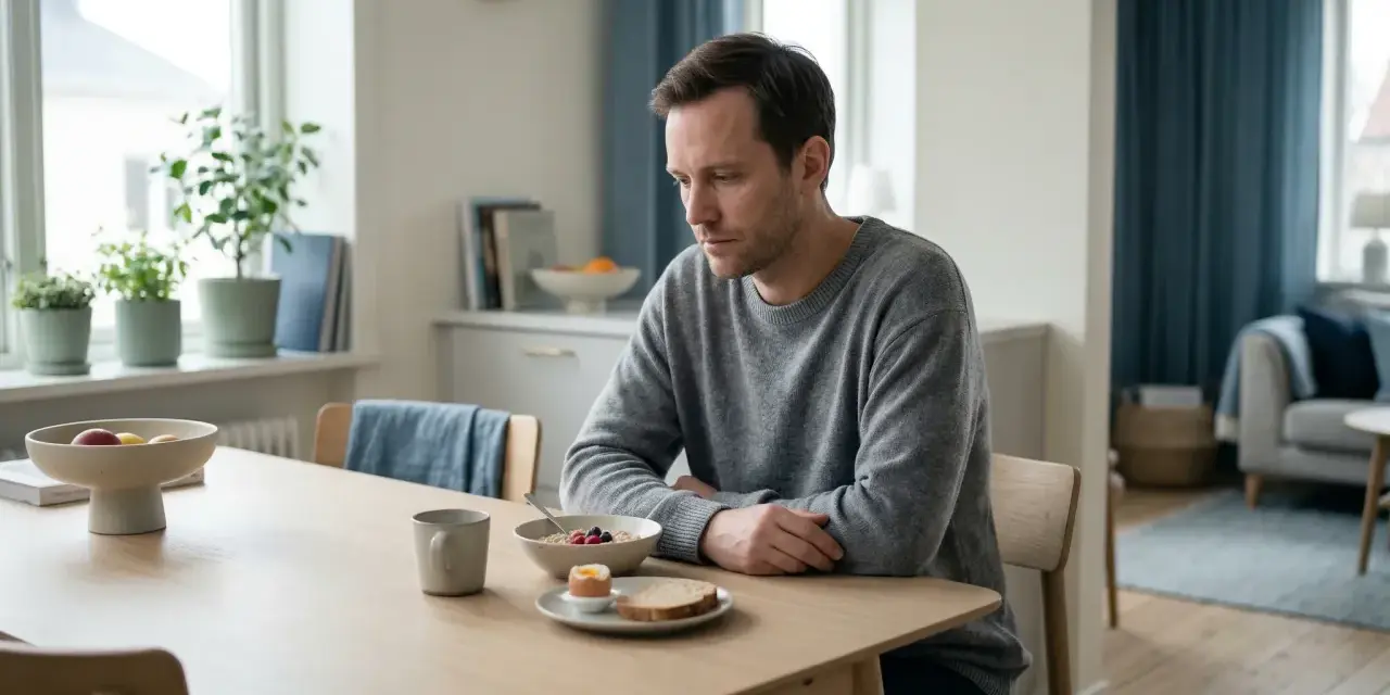 Man vid frukostbordet, nedstämd. Hans depression kan ha lett till viktnedgång, trots en till synes hälsosam måltid.