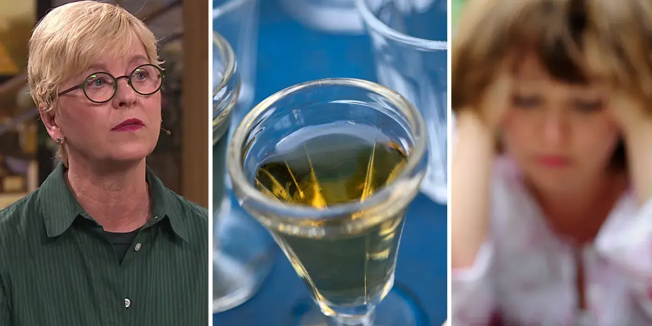 Kvinna med glas, en drink och en person med händerna mot huvudet. Kan symbolisera hur alkohol kan leda till depression.