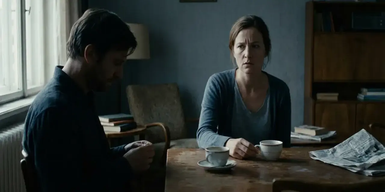 En kvinna och en man sitter vid ett bord med kaffe. Mannen tittar ner, kvinnan ser orolig ut. En känsla av triangulering och narcissism hänger i luften.