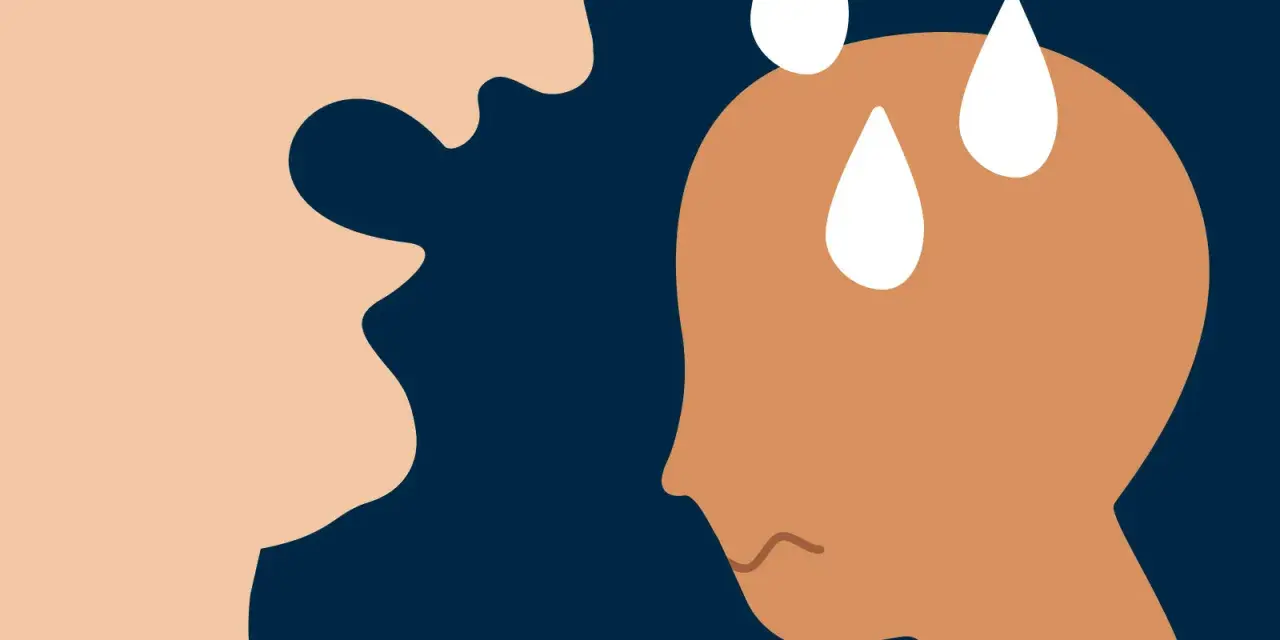 En person med svettpärlor på pannan och en orolig min möter en annan persons uttryckslösa ansikte. Omedveten psykisk misshandel kan lämna djupa spår.
