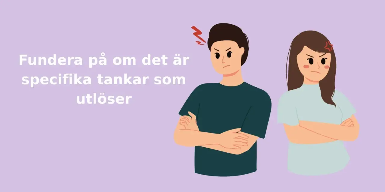 Två arga personer med armarna i kors. Texten lyder: "Fundera på om det specifika tankar som utlöser". Kanske en del av en kontrollerande partner test.