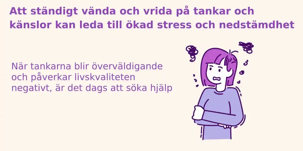 En person med armarna i kors och oroliga tankar som virvlar runt huvudet. Negativa tankar kan leda till depression och nedstämdhet.
