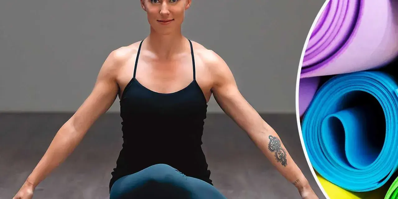 Kvinna i yogaposition, redo för liggande meditation. Rullade yogamattor i bakgrunden.