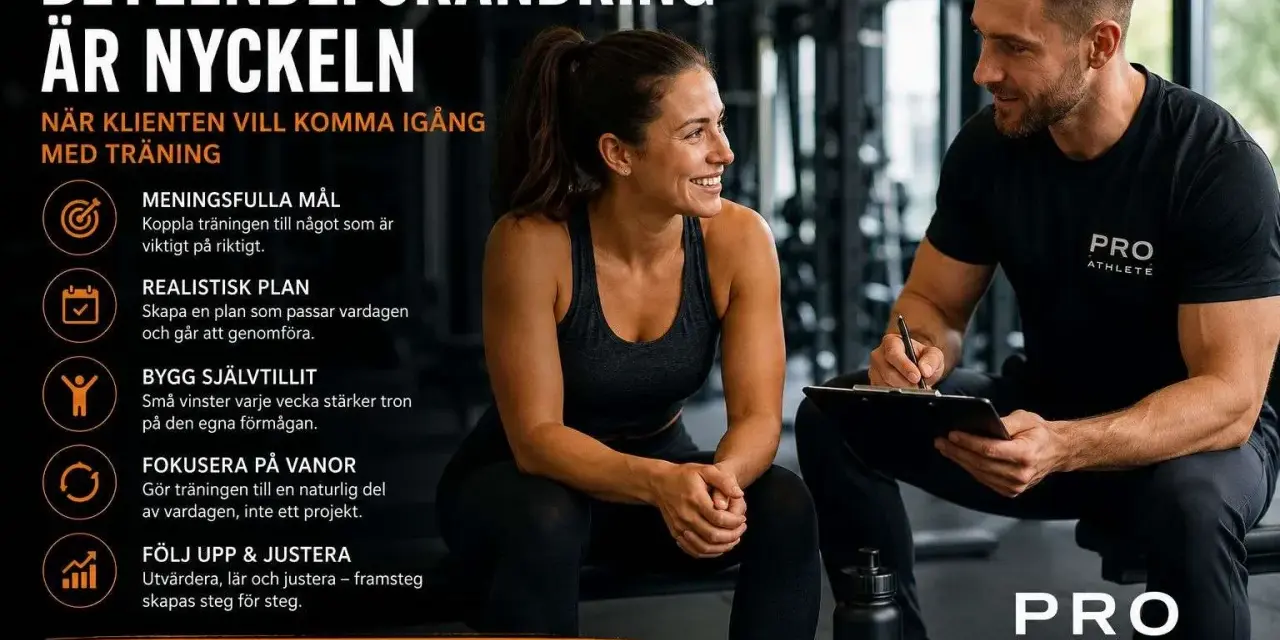 En tränare och klient diskuterar träningsplaner. Bilden betonar vikten av mental styrka för att uppnå träningsmål.