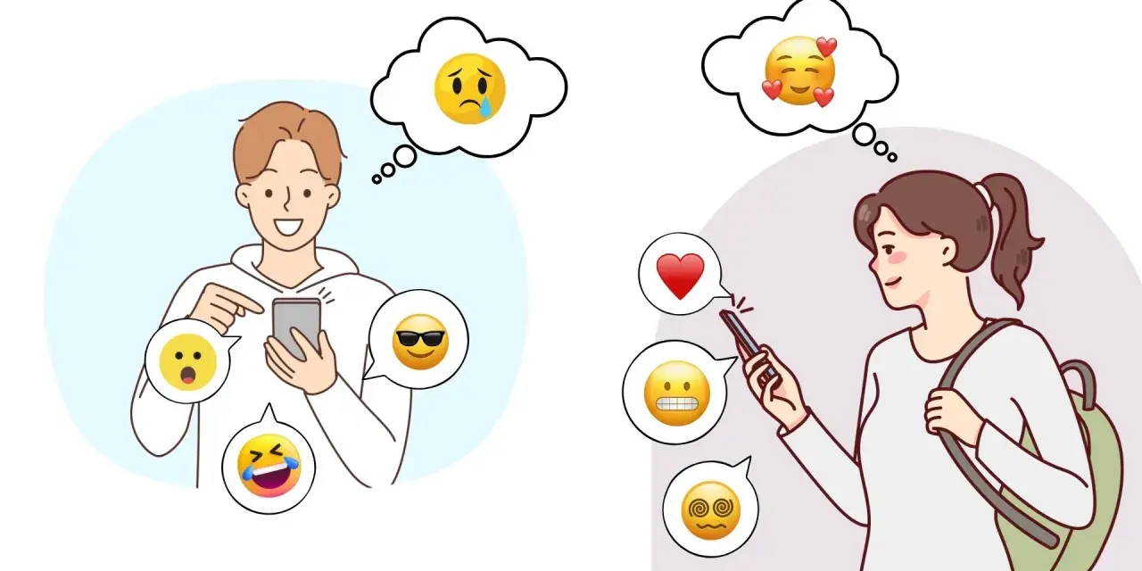 En kille och en tjej interagerar via sina mobiler, omgivna av emojis. Kanske en illustration av hur social fobi kan påverka kommunikationen.