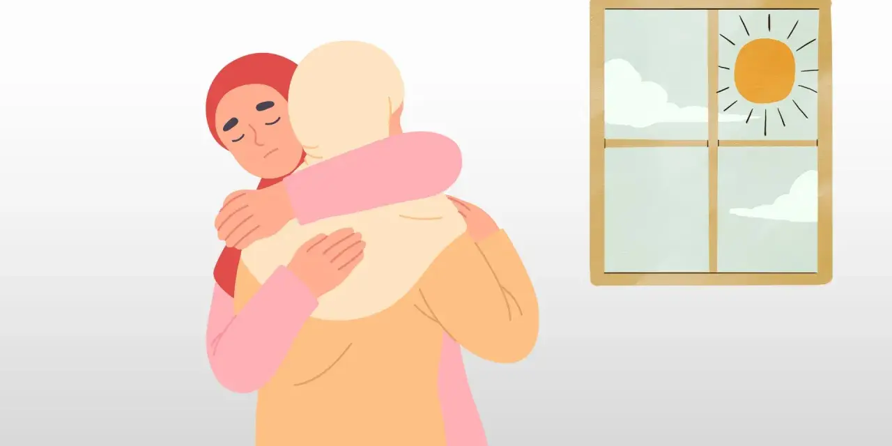 En ung person med depression kramar om någon. Utanför fönstret skiner solen.