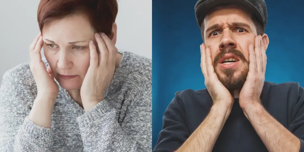 Kvinna och man med händerna mot ansiktet, uttrycker oro. Kanske ett prestationsångest test?