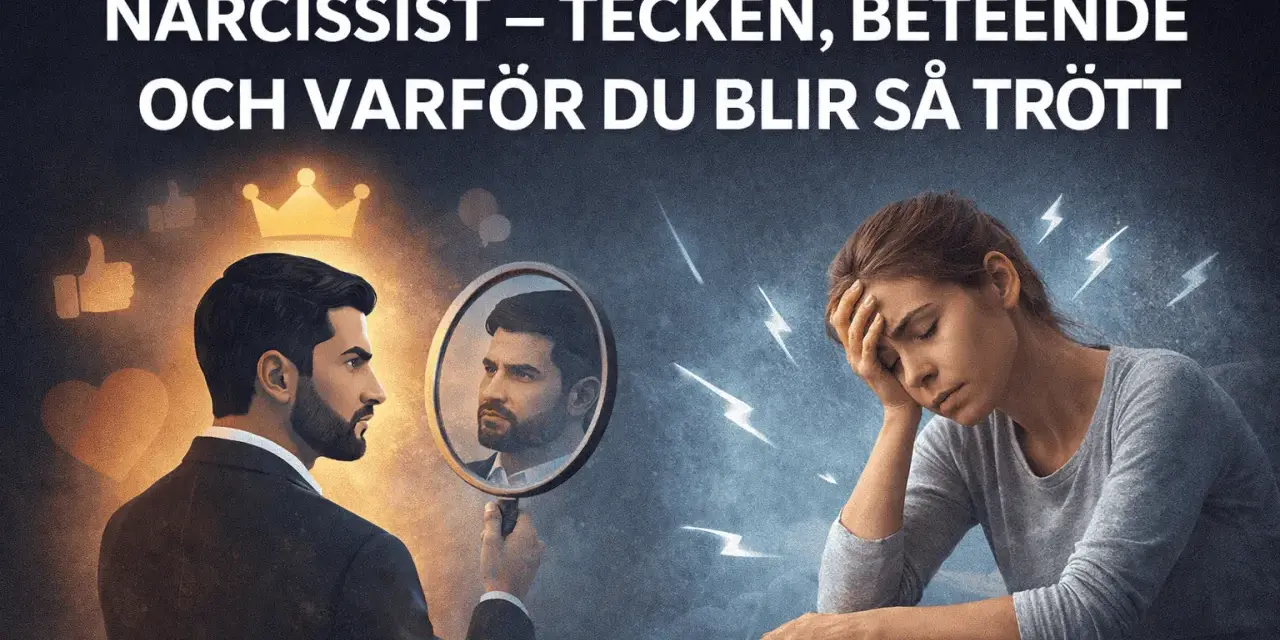 Man ser sig i spegeln, omgiven av symboler för beundran. Bredvid sitter en kvinna utmattad, omgiven av blixtar, ett tecken på narcissistiskt beteende.