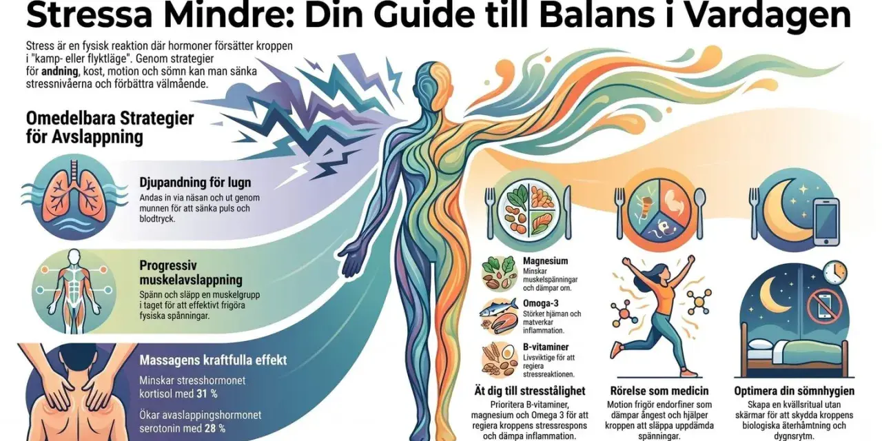 Grafik visar strategier för att få ner pulsen vid ångest: djupandning, muskelavslappning, massage, kost, motion och sömn.