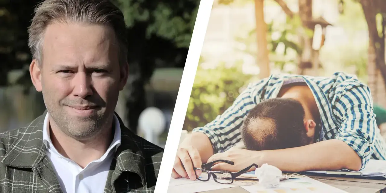 En man tittar framåt, medan en annan man ligger utslagen över ett bord, en bild som kan symbolisera vår depression.