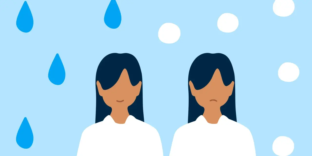 Två ansiktslösa personer under en blå himmel med regndroppar och moln. Den ena ser ledsen ut, som om hon tappat lusten till allt.