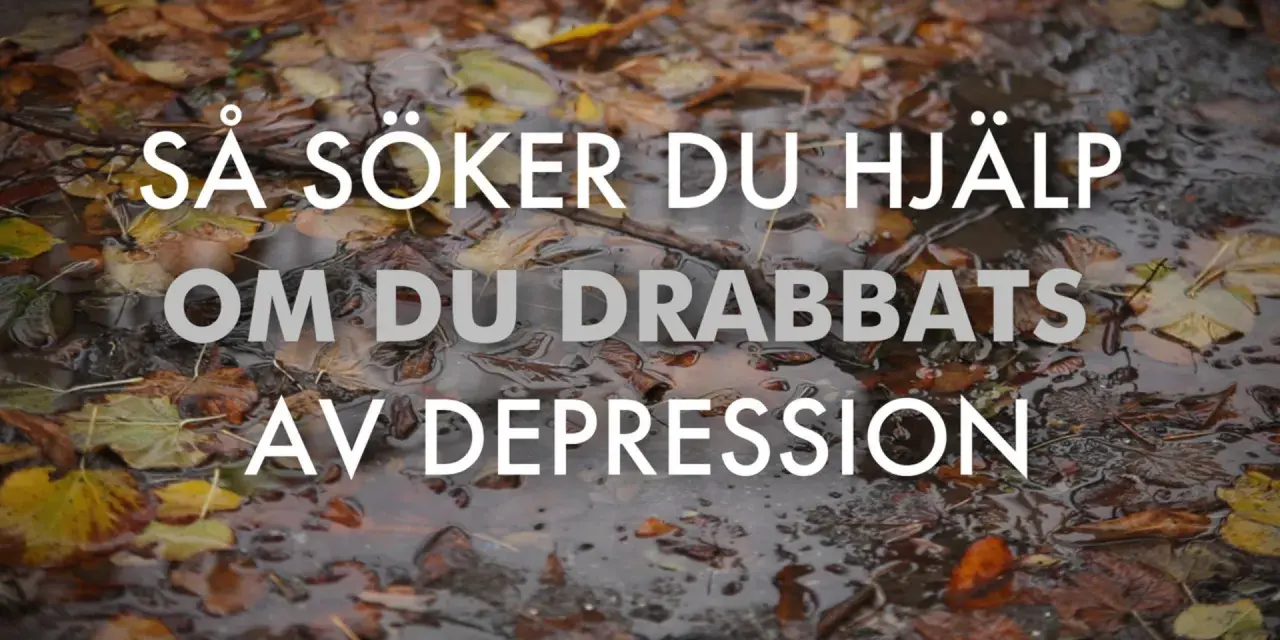 Vattenpöl med höstlöv och texten "Så söker du hjälp om du drabbats av depression". En viktig påminnelse för en tonåring med depression.