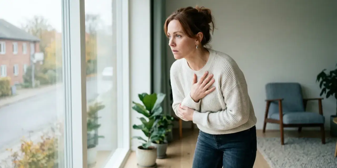 Kvinna med handen på bröstet, ser orolig ut. Hon kanske behöver **gad medicin** för sina besvär.