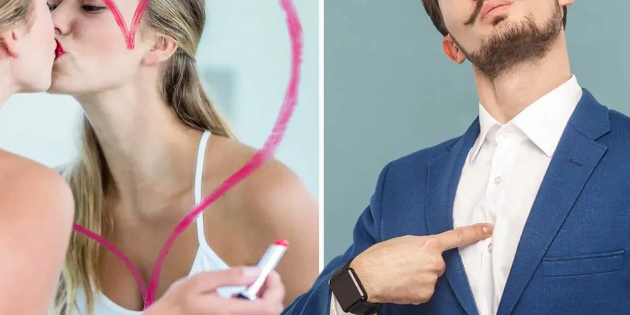 Kvinna kysser sin spegelbild i ett hjärta, man pekar på sig själv. Ett narcissist test.