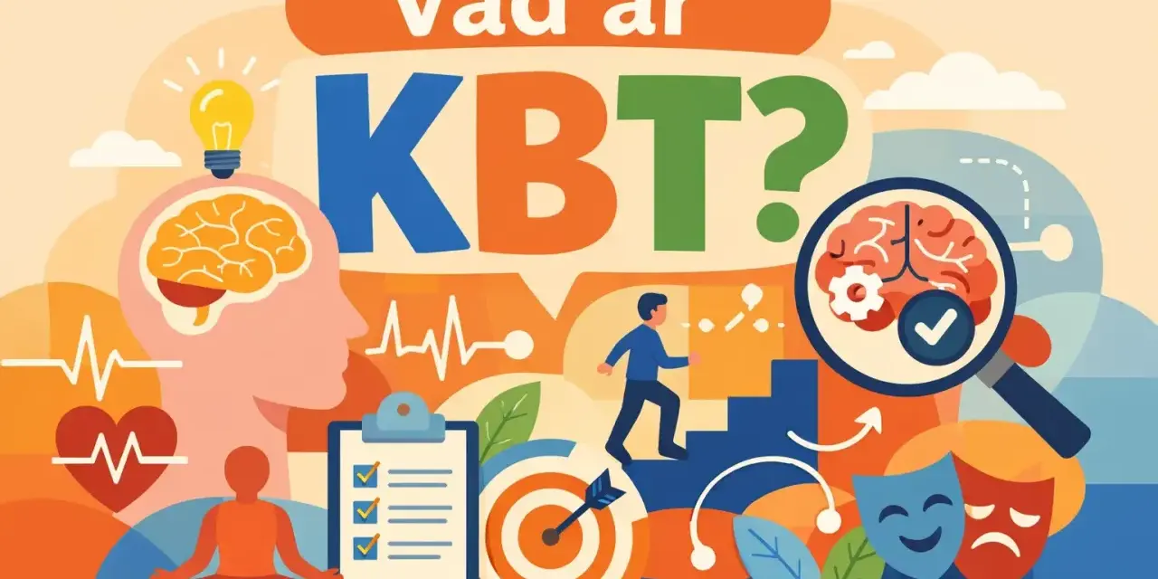 Illustration om beteendeanalys KBT. Visar hjärna, meditation, mål, trappor, och känslomasker.