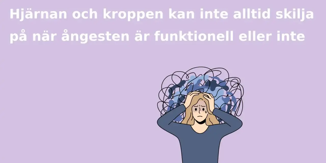En person med händerna på huvudet, omgiven av kaotiska linjer som symboliserar ångest. Texten beskriver hur hjärnan och kroppen kan uppleva fysiska symtom vid stress och ångest.