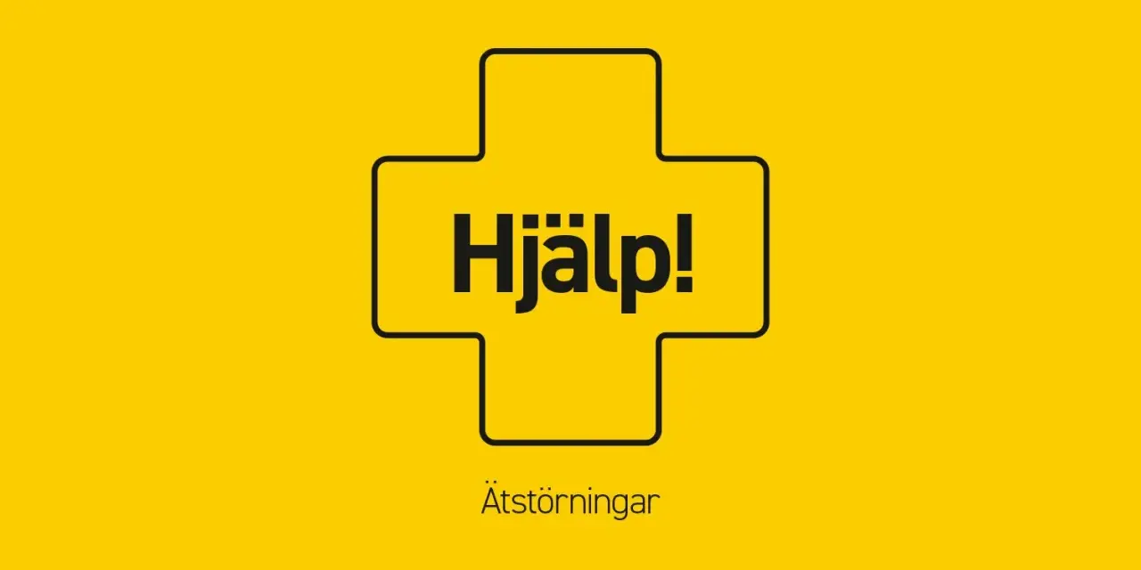En gul bakgrund med en svart kontur av ett kors. I korset står texten "Hjälp!". Under korset står texten "Ätstörningar", vilket kan vara en del av olika typer av beroende.