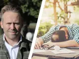 En man tittar framåt, medan en annan man ligger utslagen över ett bord, en bild som kan symbolisera vår depression.