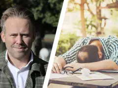 En man tittar framåt, medan en annan man ligger utslagen över ett bord, en bild som kan symbolisera vår depression.