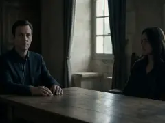Man och kvinna sitter vid ett träbord. Han ser rakt fram, hon tittar bort. En scen som kan illustrera hur man hanterar en narcissist.