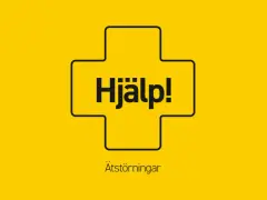 En gul bakgrund med en svart kontur av ett kors. I korset står texten "Hjälp!". Under korset står texten "Ätstörningar", vilket kan vara en del av olika typer av beroende.