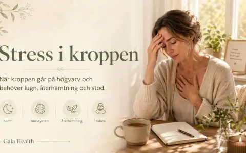 Kvinna med handen på tinningen och bröstet, visar fysiska tecken på farlig stress. Texten "Stress i kroppen" och ikoner för sömn, nervsystem, återhämtning och balans.