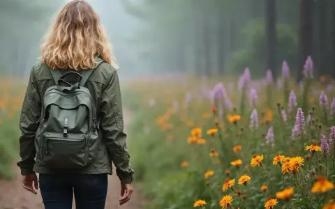 En kvinna med ryggsäck vandrar på en stig genom en blomsteräng. En symbol för livet efter utmattningssyndrom, där lugn och återhämtning blomstrar.