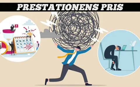 En man kämpar med en stor boll av trassel, symboliserande stress. Till vänster syns en kalender med deadlines och en timglas. Till höger en utmattad person vid en dator. Bilden illustrerar hur **social fobi jobb** kan leda till överväldigande press.