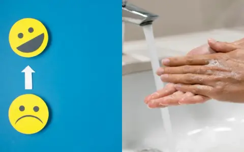 Två gula smiley-ansikten, ett ledsamt och ett glatt, med en pil emellan. Till höger tvättas händer med tvål under rinnande vatten. Kan symbolisera hur man hanterar intrusive thoughts svenska.