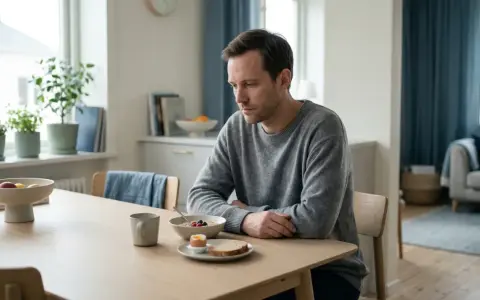 Man vid frukostbordet, nedstämd. Hans depression kan ha lett till viktnedgång, trots en till synes hälsosam måltid.