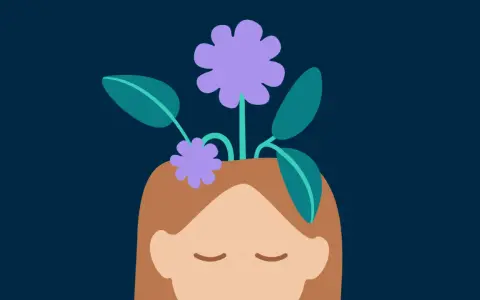 Blommor växer ur ett huvud, en symbol för hur kognitiv terapi kan hjälpa tankar att blomstra.